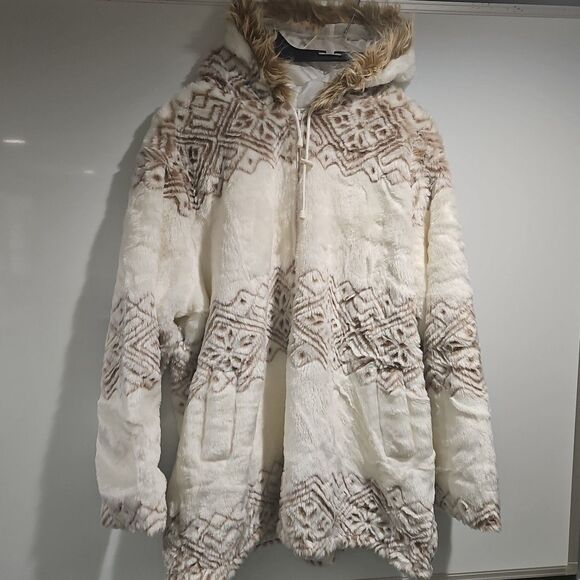 Women's Z Studio Plus Size Faux Fur Print Hooded Jacket - Picture 2 of 7